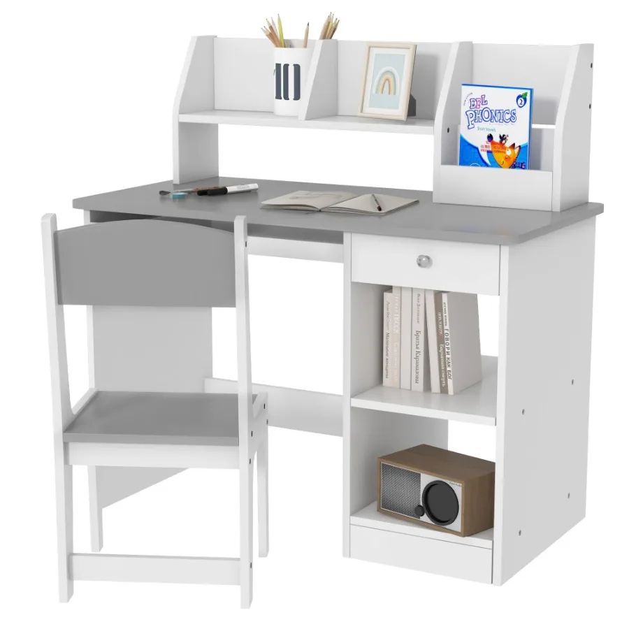 

Qaba Desk and Chair Set with Storage Study Desk with Chair for 5-8 Years Old Gray