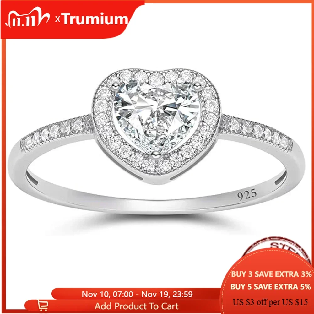 

Trumium 925 Sterling Silver Engagement Rings for Women Love Ring Shiny Heart Shape Halo Cubic Zirconia Wedding Band Fine Jewelry