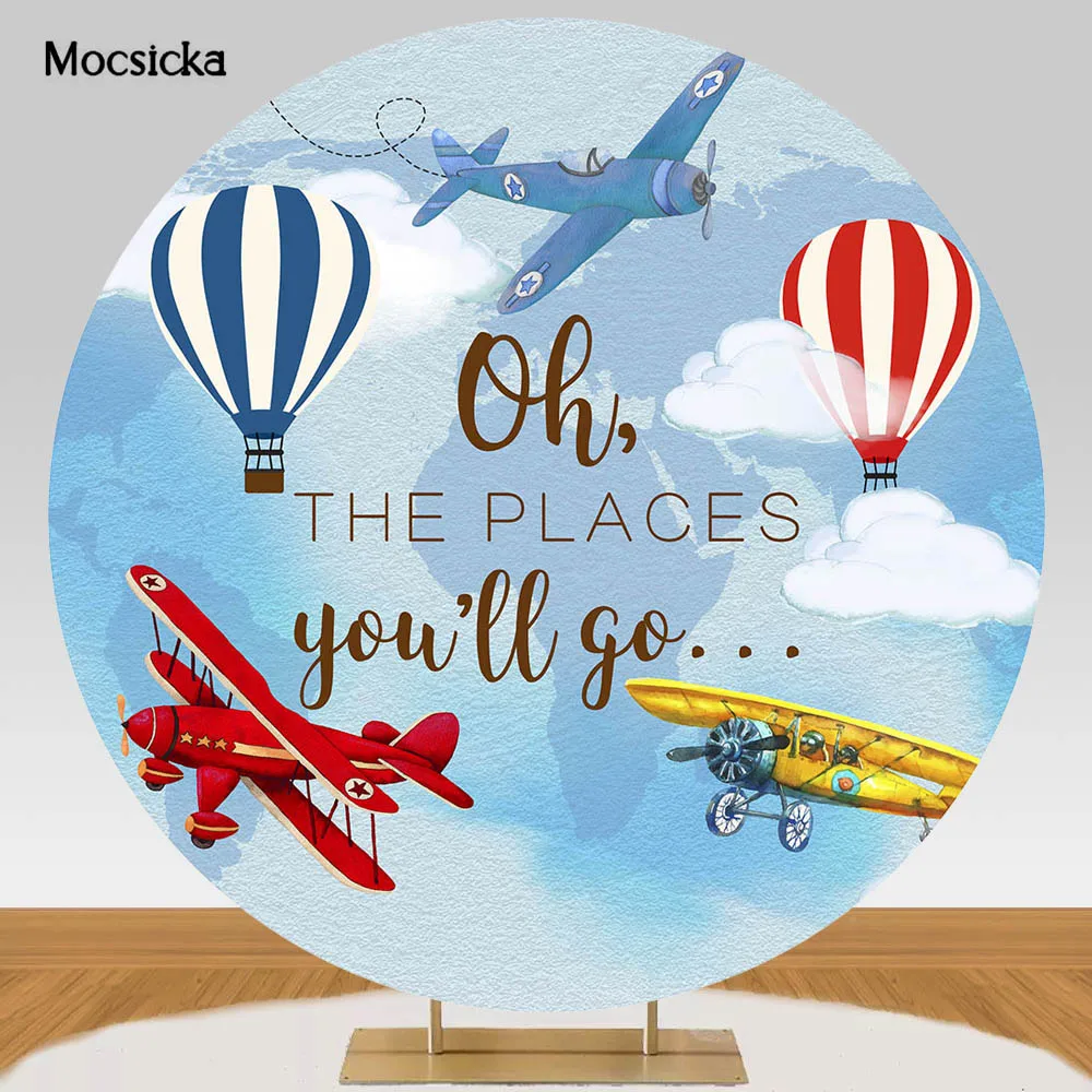 

Mocsicka Round Backdrop for Newborn 1st Birthday Baby Shower Hot Air Balloon Plane Adventure Party Decor Circle Background Cover