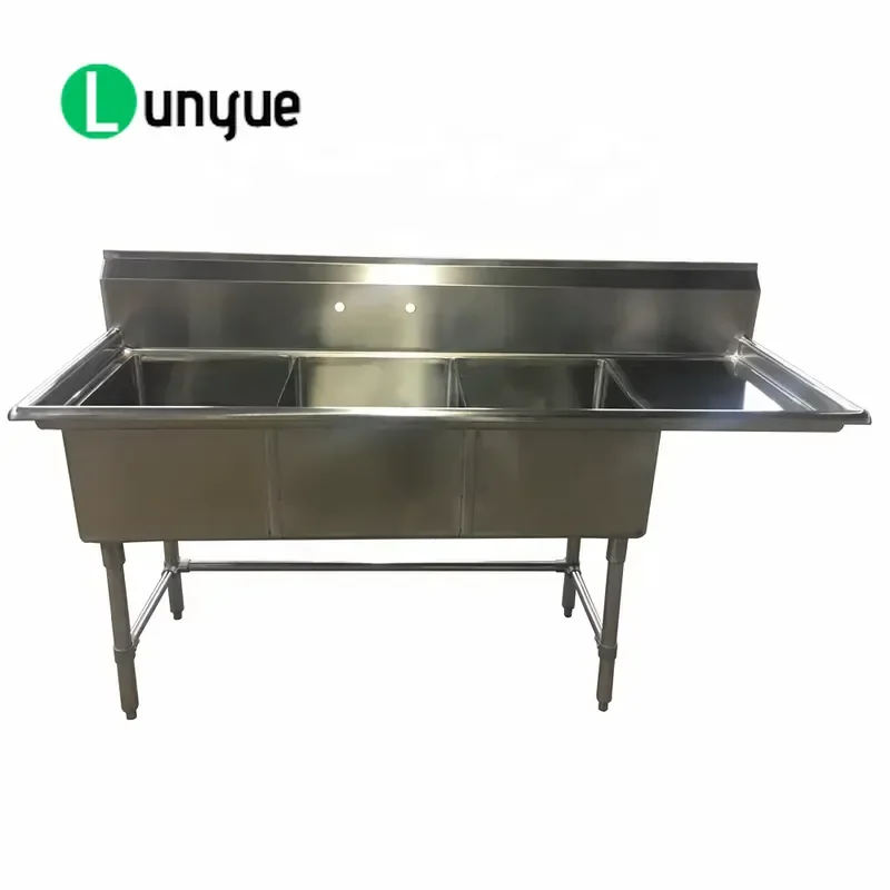 NSF Certified Front Opening Freestanding Brushed Stainless Steel 3 Compartment Commercial Kitchen Utility Sink Right Side