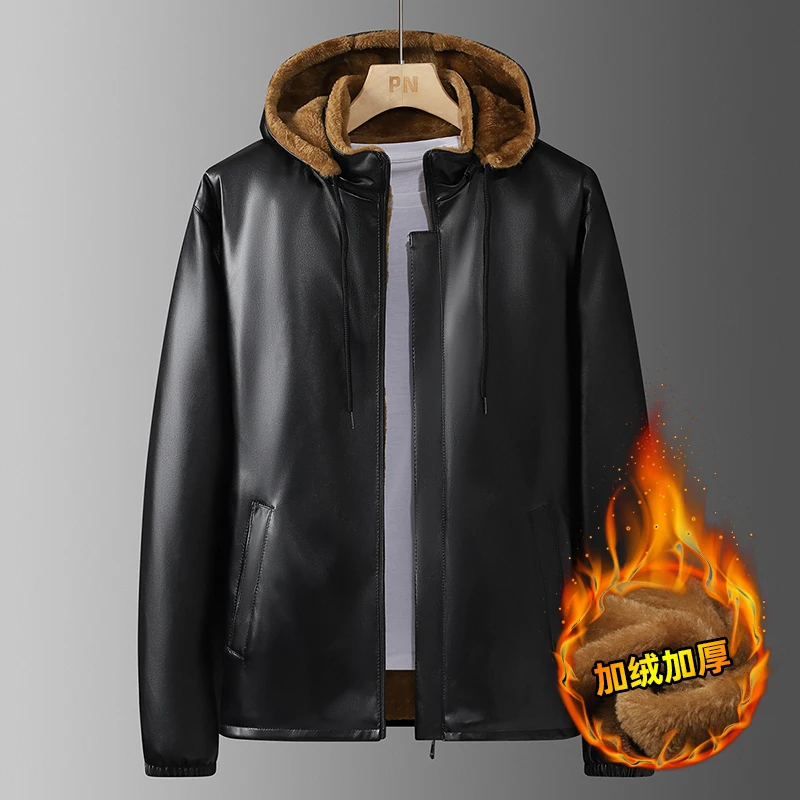 

Мужская куртка со съемным капюшоном из утолщенной искусственной кожи с меховой подкладкой, ветрозащитная, теплая, для мужчин среднего и молодого возраста.