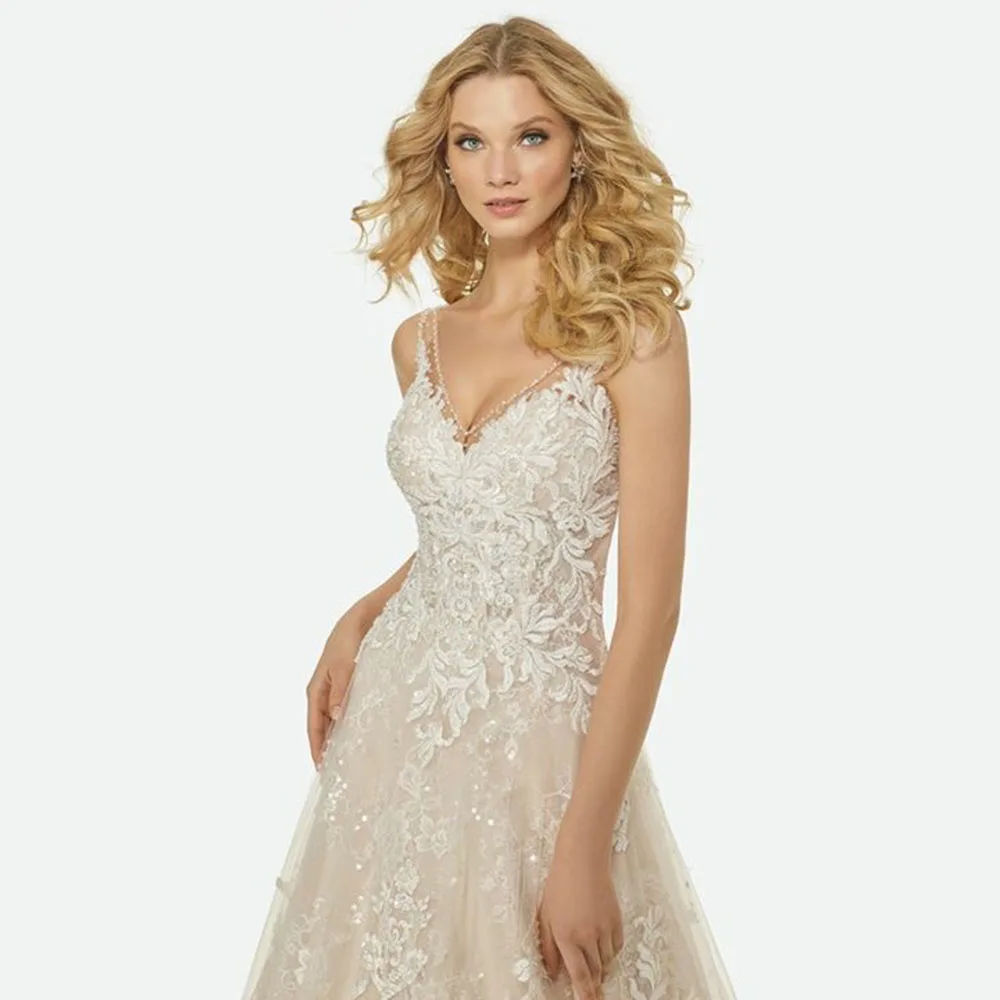 

Роскошные трапециевидные Свадебные платья 2024 без рукавов с V-образным вырезом Свадебное платье с открытой спиной индивидуальный пошив высокое качество