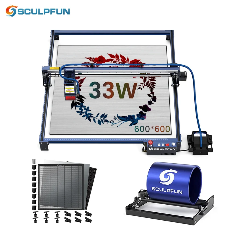 

SCULPFUN S30 Ultra-33W Laser Engraving Machine Automatic Air Assist Replaceable Lens with 600*600mm Area Honeycomb Rotary Kit