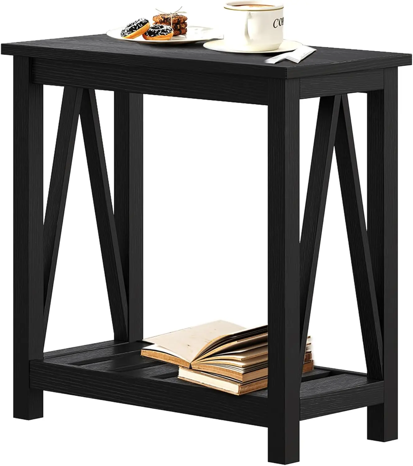 

Slim Farmhouse End Table with Storage Shelf, Rustic Nightstand for Small Spaces in Living Room Bedroom Black