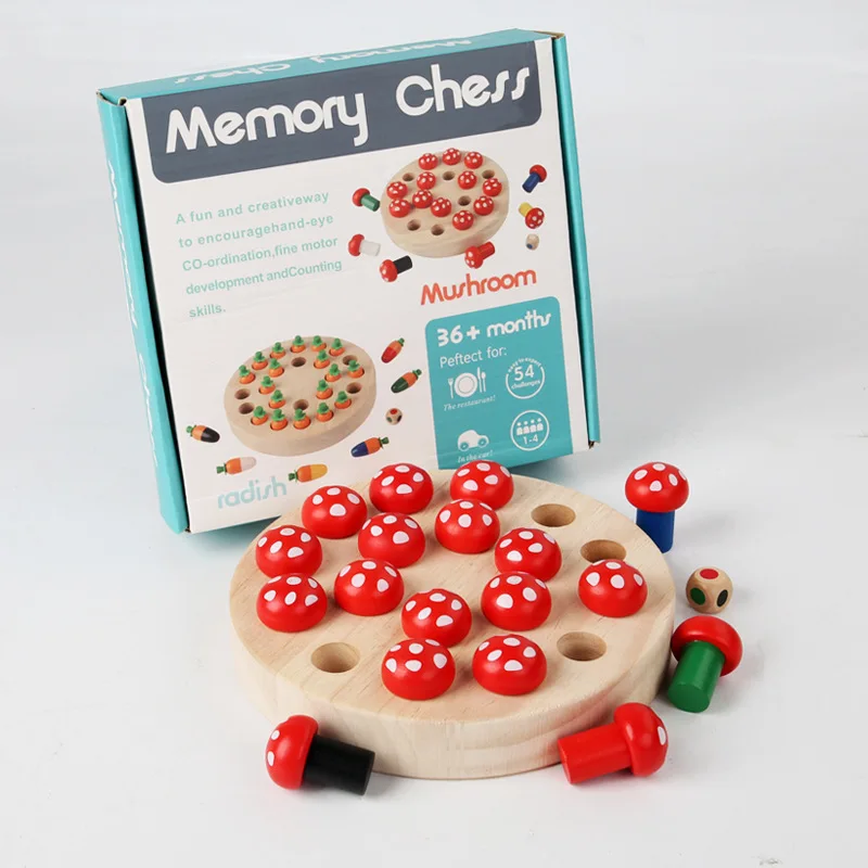 LazyChild Wooden Fun Mushroom Memory Game Pull Radish Kids Educational Early Education Concentration Interactive Board Game