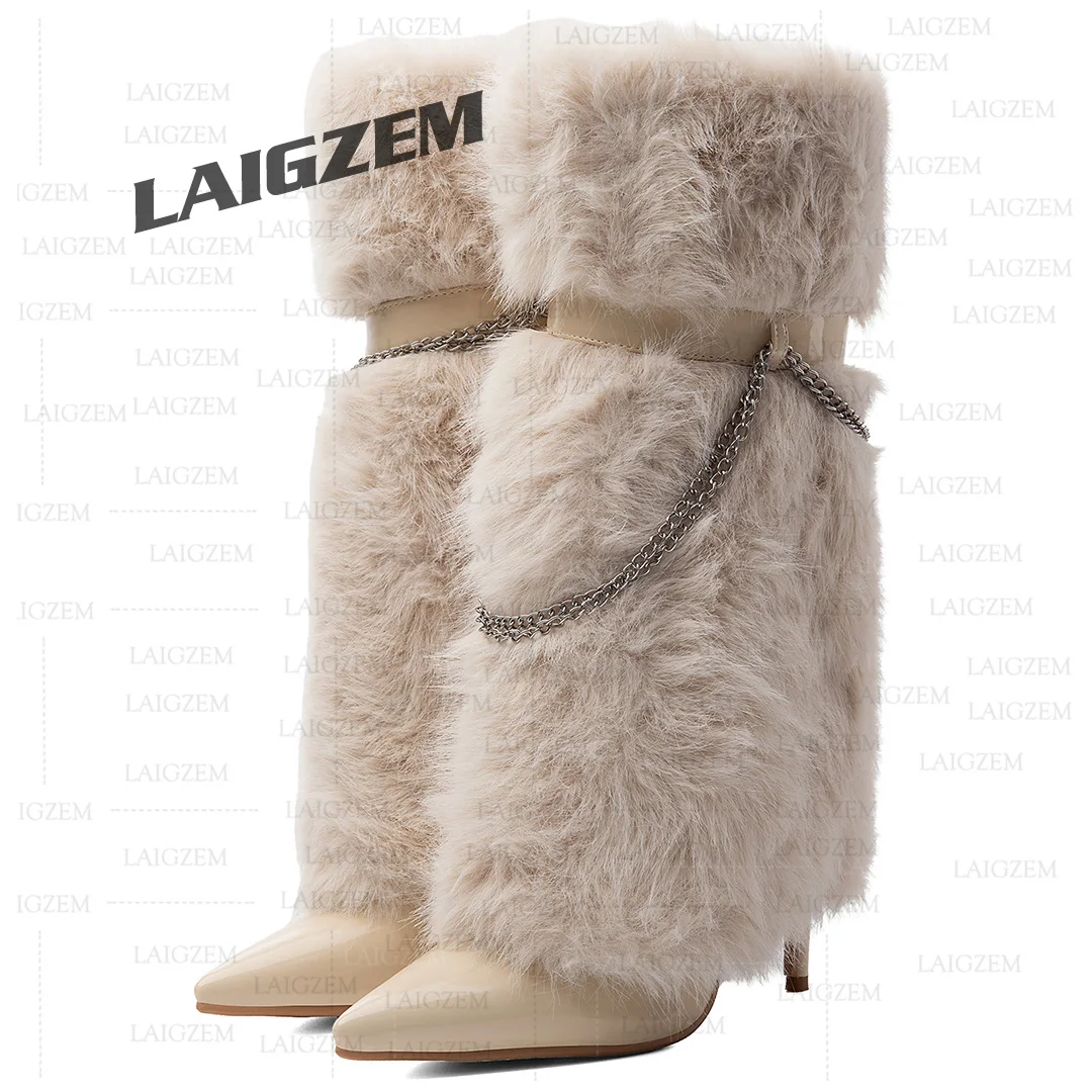LAIGZEM Women Knee High Boots Faux Fur Full Side Zip Thin High Heels Boots Ladies Handmade Shoes Woman Big Size 39 42 43 47