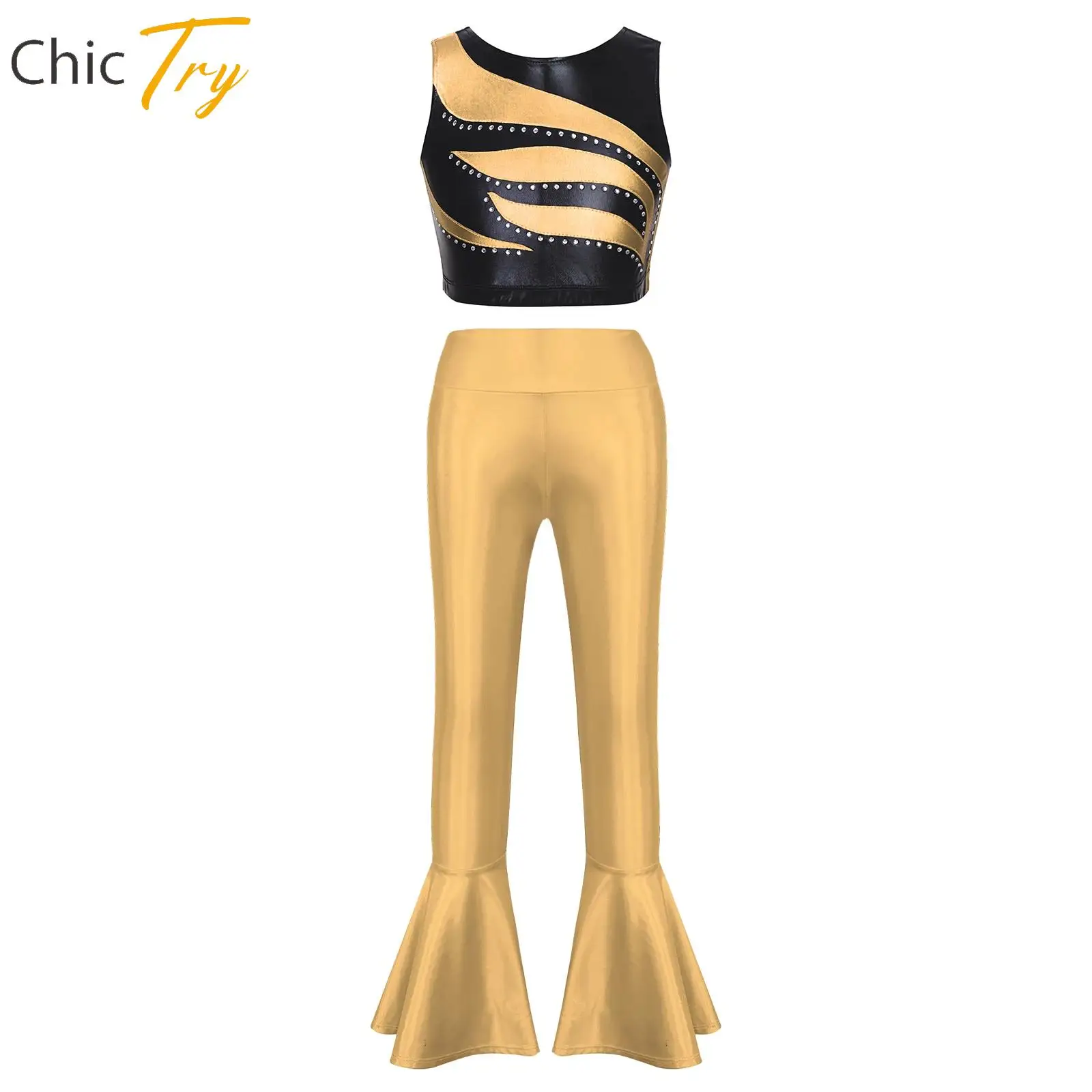 Kids Girls Jazz Dance Costume Sleeveless Dancing Suits Crop Top with Metallic Bell-Bottom Pants Stage Performance Clothes Sets