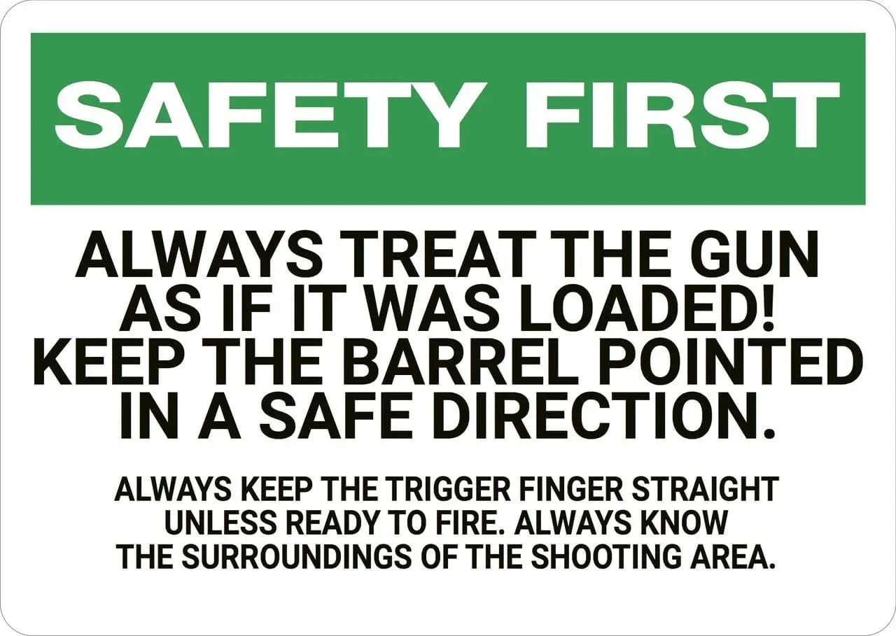 Safety First: Gun Safety - Wall Sign Facility Signs Warning Caution Metal Tin Sign, 8X12 in sign
