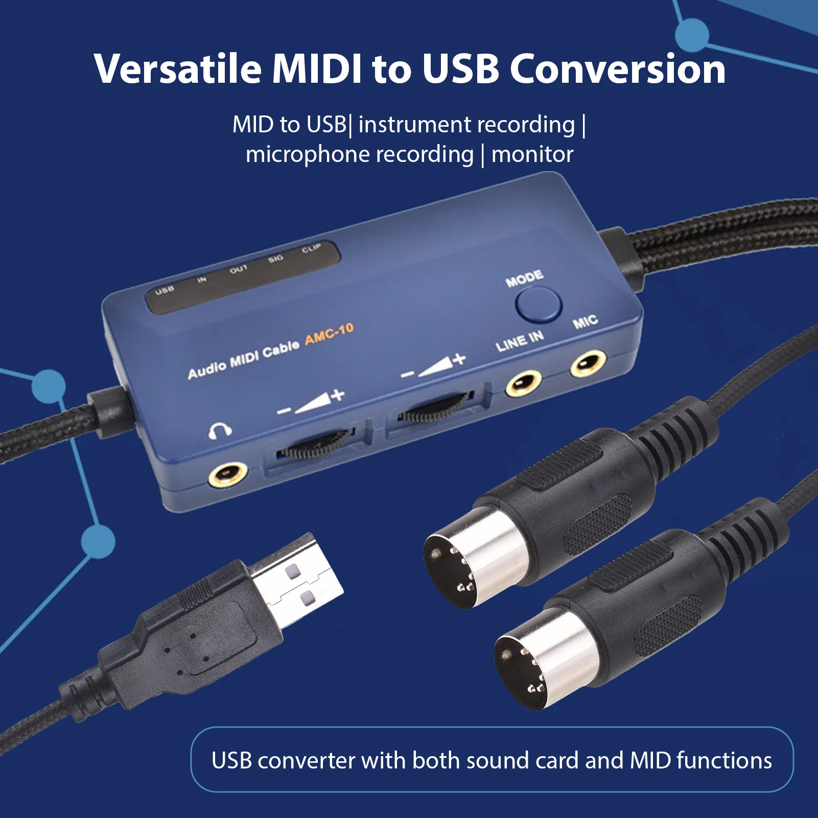 

DOREMiDi MIDI-USB A Интерфейс MIDI-кабель-адаптер для редактирования, записывания, трека, аудиокабель MIDI, USB-конвертер, встроенная реверберация