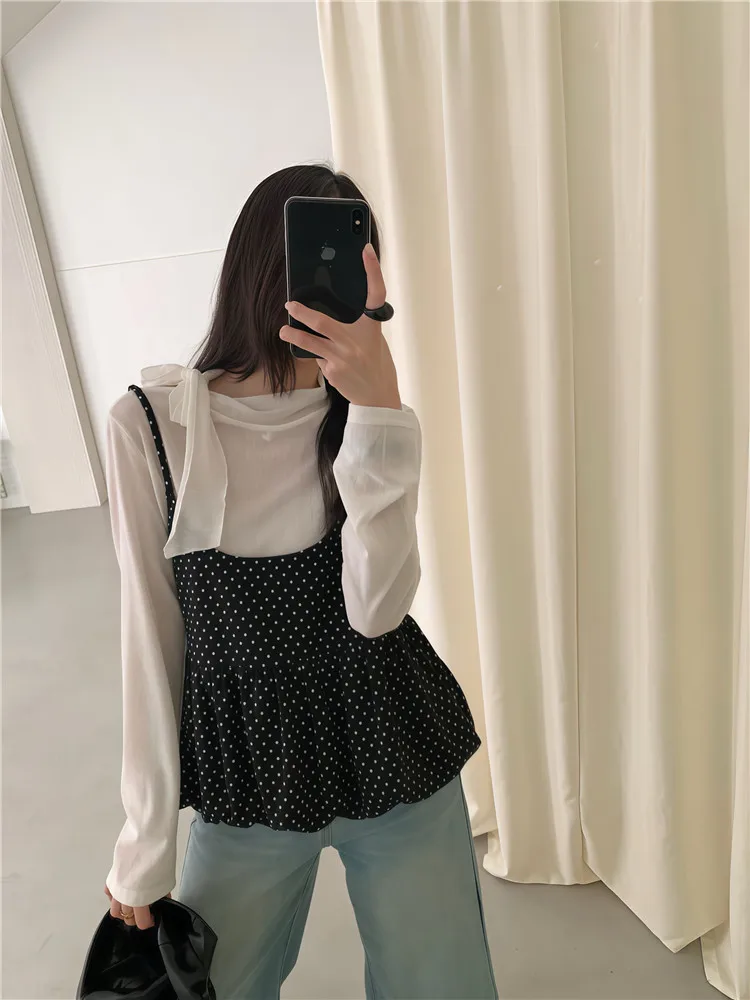 

Early Spring Polka Dot Long Sleeve Base Layer Shirt And Vest Two Piece Set Women's Fashion Ensemble Age Defying Top