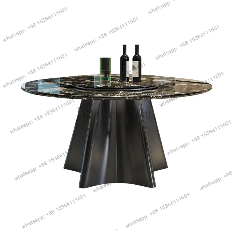 

Italian light luxury marble round dining table with turntable