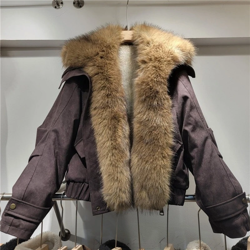 Winter New Thickened Warm Suede Coat For Women's Short Motorcycle Jacket Leather Faux Fur Integrated Shearling Parka Outerwear