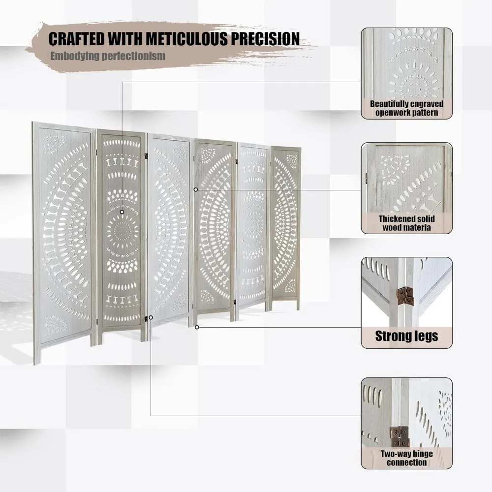 Divisorio per ambienti in legno a 6 pannelli completamente assemblato, divisori per ambienti Boho intagliati e schermi pieghevoli, divisorio per ambienti da 5,6 piedi indipendente