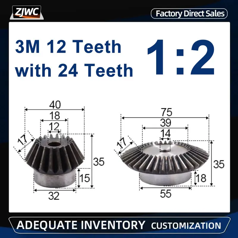 

1 set 1:2 Bevel Gear 3M 3 Modulus 12 Teeth + 24 Teeth 12T to 24T 90 Degree Drive Commutation 3 Mod 12T-24T Steel Gears