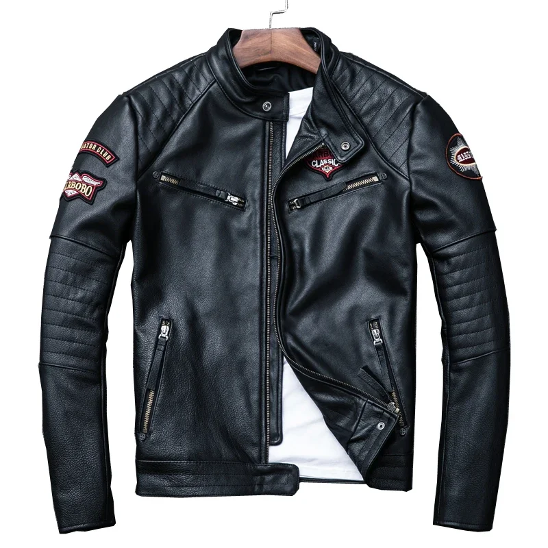 2025 New Black Embroidery Skull Motorcycle Leather Jackets Natural Cowhide Moto Jacket Biker Leather Coat Slim Clothing