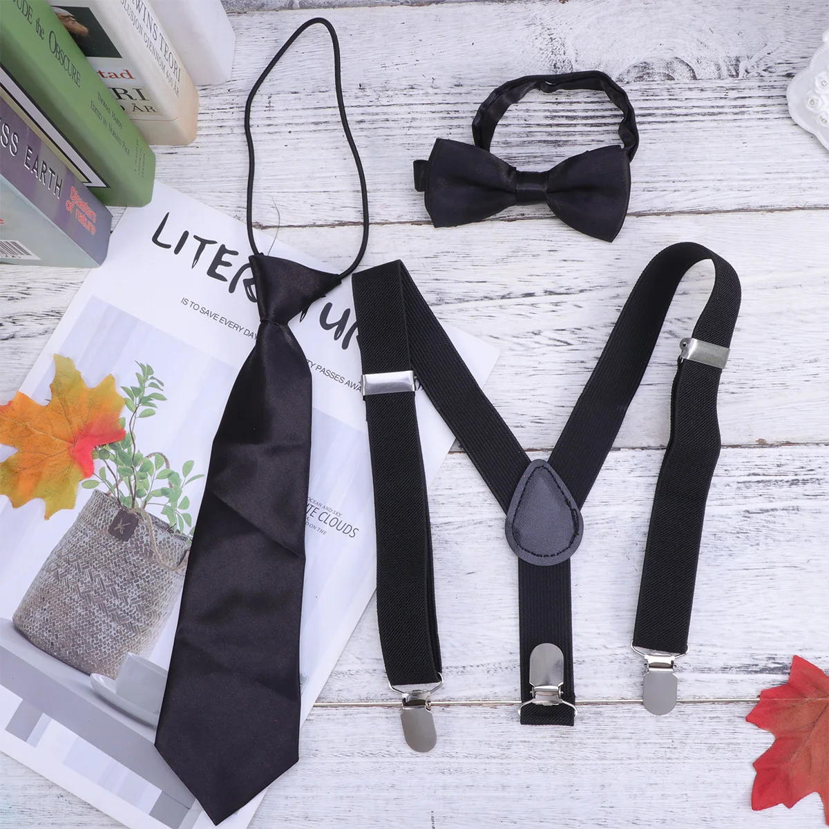 

3pcs Kids Suspenders Set Elastic Adjustable Y Back Clip Buckle Bow Tie Boys Children Fashion Necktie Comfortable Daily Formal