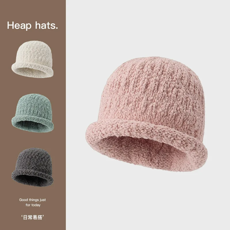 Sleeve Cap Women Autumn Winter New Hundred Solid Colour Basin Cap  Rolled Edge Show Face Small Warm Woolen Knitted Cap