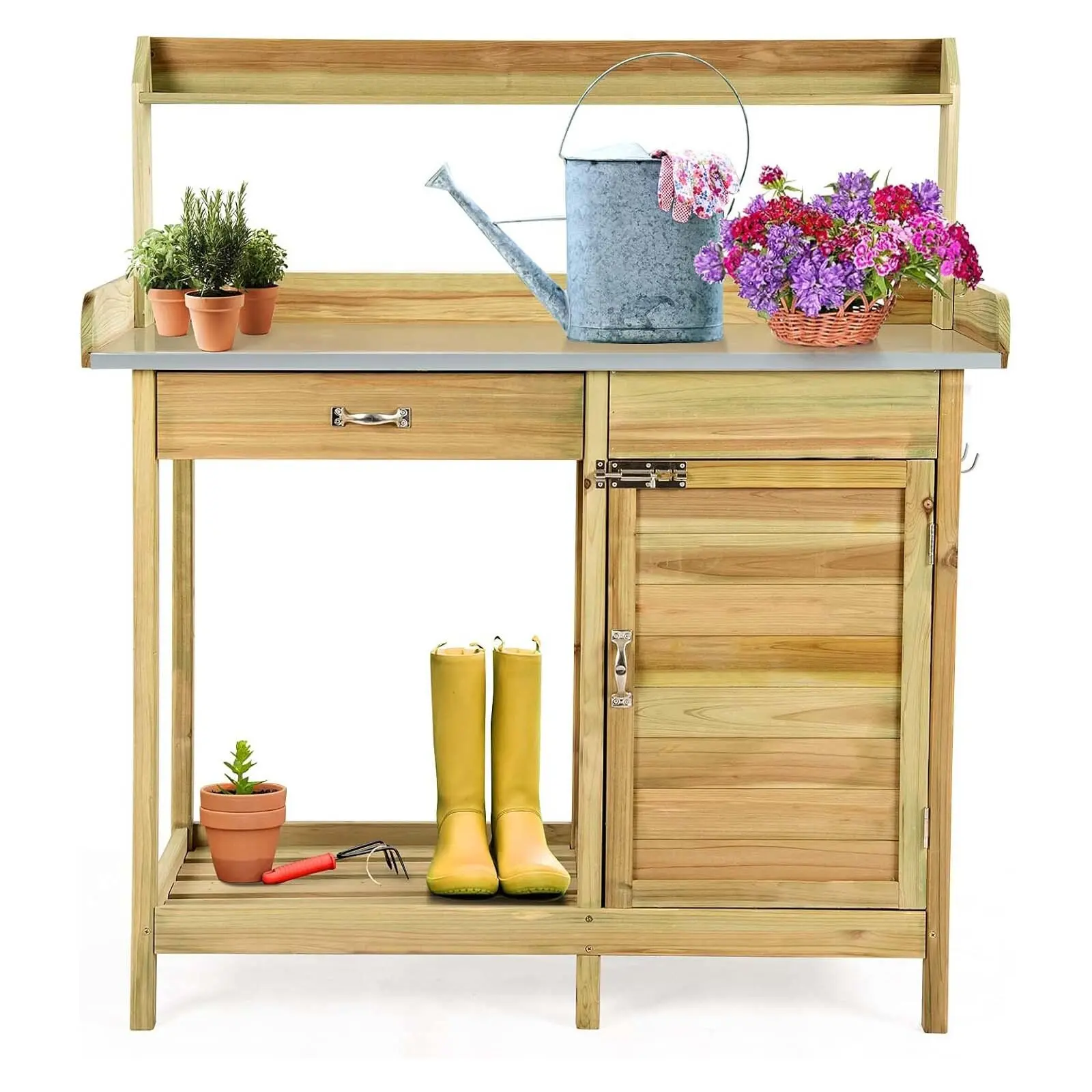 Pflanzentisch mit Schubladen und Unterschrank, Gartentisch aus Tannenholz, Blumentisch mit verzinkter Arbeitsplatte, 3 Haken, Garten