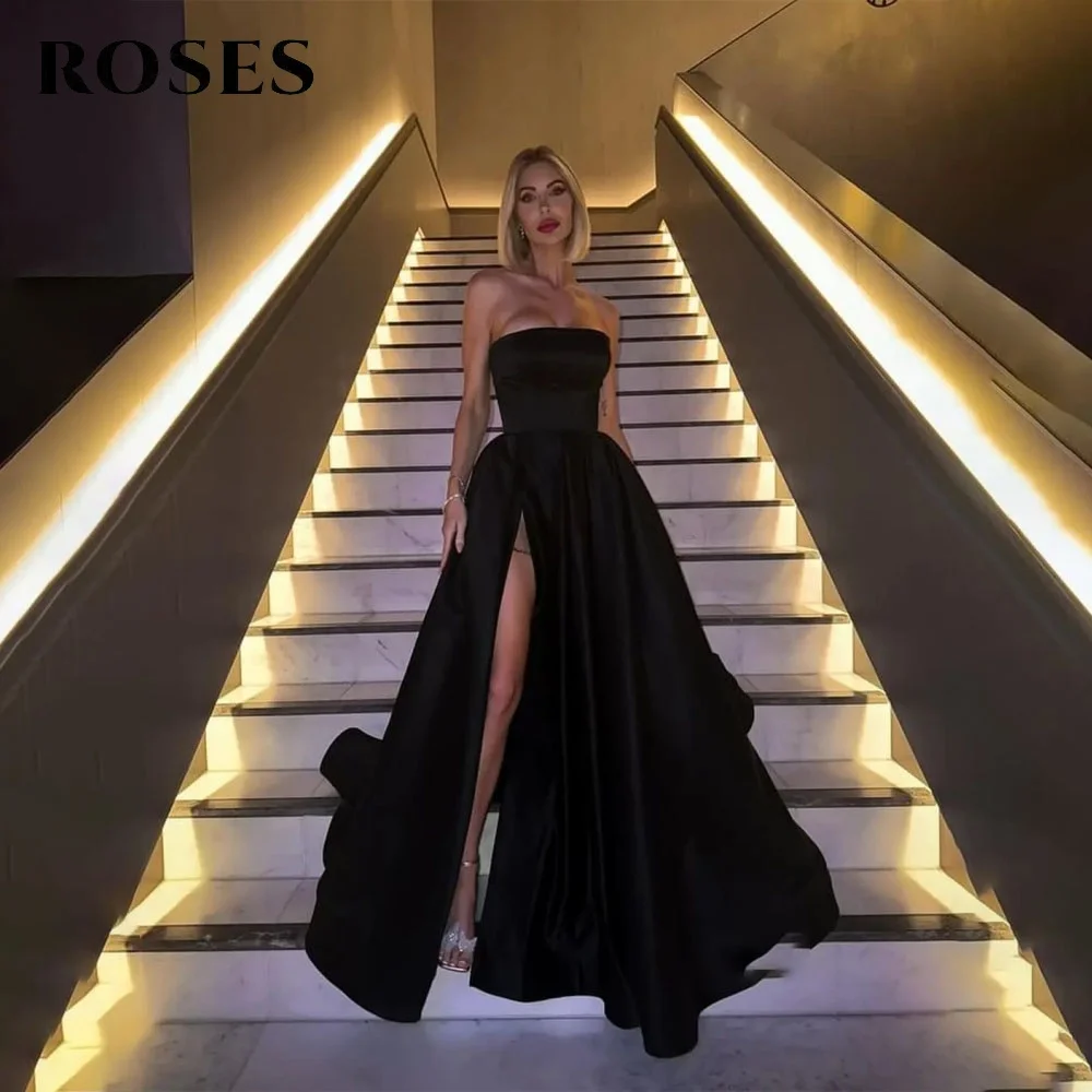 

ROSES Black Evening Dress for Women Strapless Prom Dress A-Line Satin Party Formal Gown with Side Split robe de bal Customized