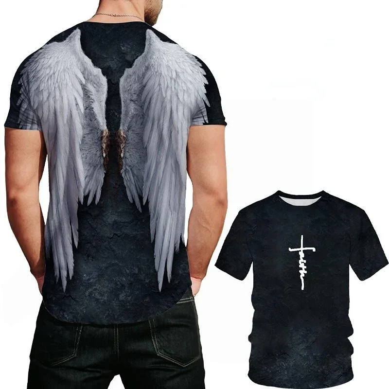 

Trend Angel Wings Pattern T-shirts Fashion Summer Short Sleeve Mens 3D Cross Printed T Shirts Cool Streetwear Oversized Tees