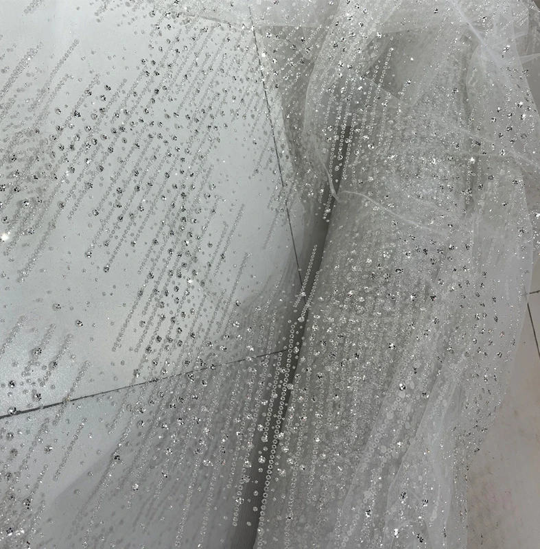 Sparkling Silvery Glitters Lace Fabric For Wedding Dress NEW Design Stripe Elegant Lace with Glitters Shiny 1 Meter