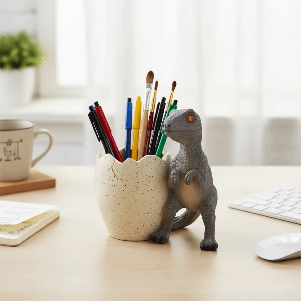 Egg Shape Dinosaur Egg Pencil Holder Large Capacity Stationery Tyrannosaurus Pen Holder Resin Cartoon Dinosaur Desk Organizers