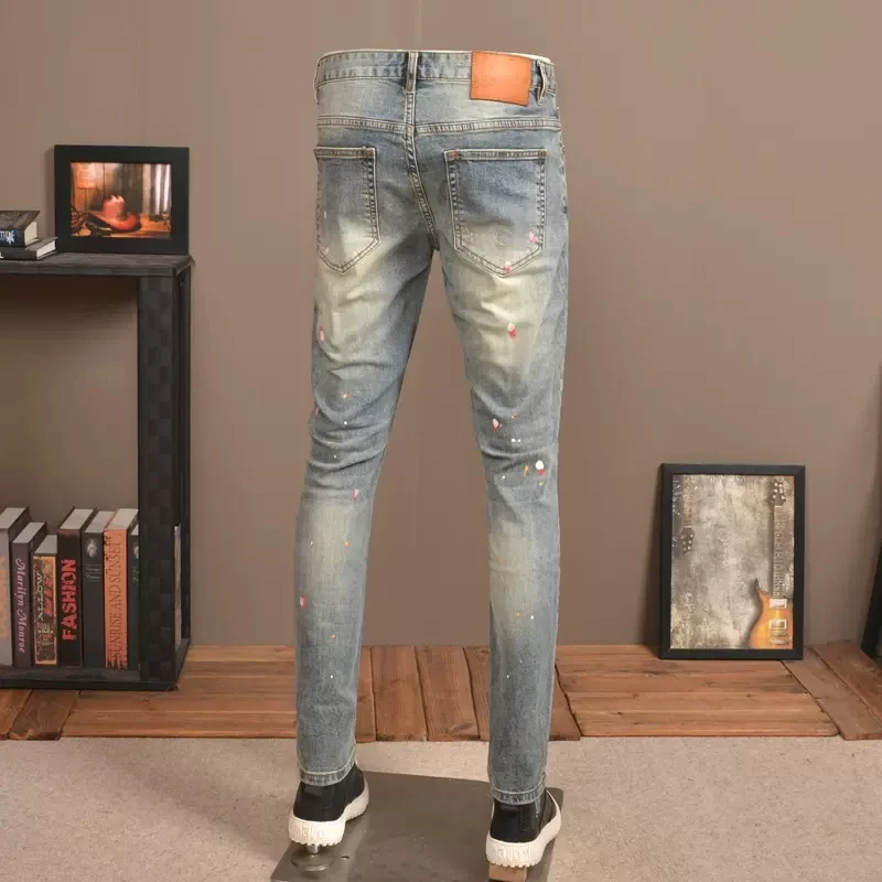 Street Fashion Männer Jeans Retro Waschen Elastische Slim Fit Zerrissene Jeans Männer Loch Hosen Vintage Designer Gemalt Denim Hosen Hombre