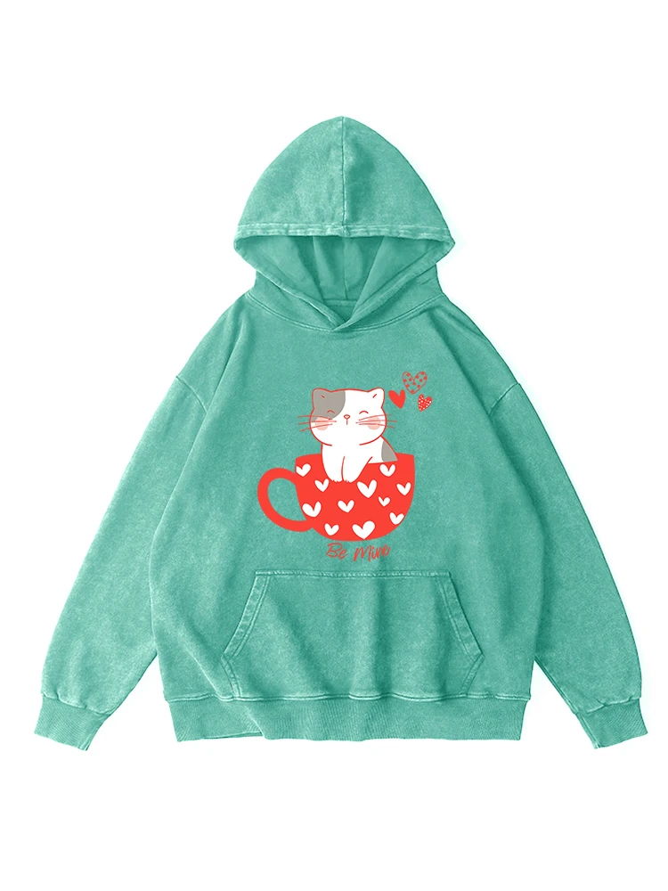 Sudadera con capucha de algodón lavada desgastada con estampado Kawaii de gato en la Copa para mujer, jersey informal de calle con capucha para otoño, Jersey holgado y cálido para mujer