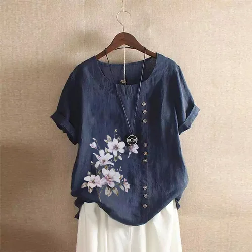 Camiseta de lino y algodón para mujer, Ropa Retro de verano para mujer, camiseta informal holgada de manga corta, Camiseta para mujer, Blusas