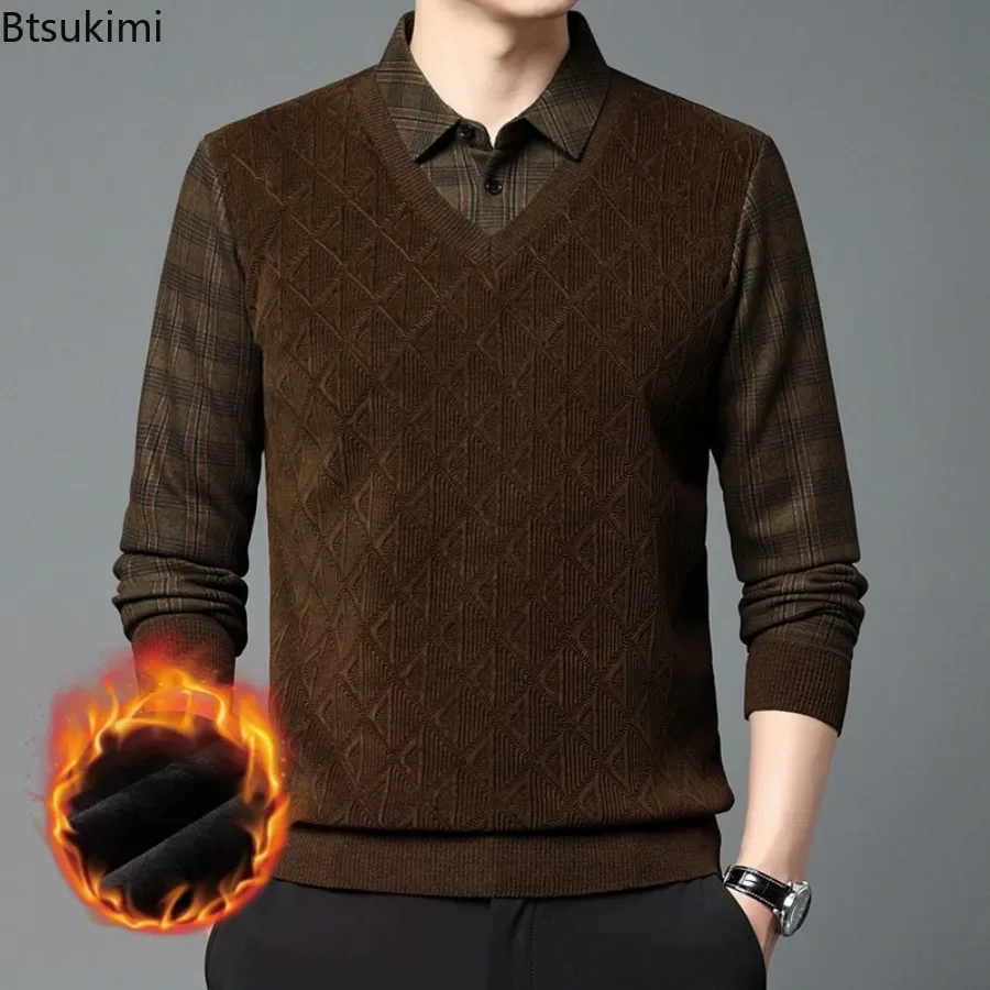 2024 Fashion Men's Autumn Winter Warm Polo Shirt Fake Two-piece Plush Thicker Casual Sweaters Male Plaid Jacquard Sweater Shirts