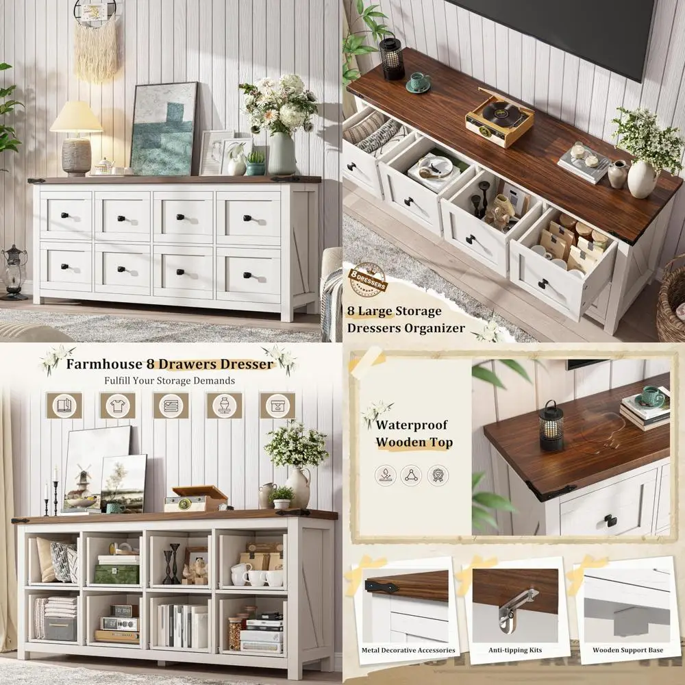 

Elegant 8-Drawer Farmhouse Style Wood Dresser for TV and Storage in Bedroom, Entryway, or Hallway