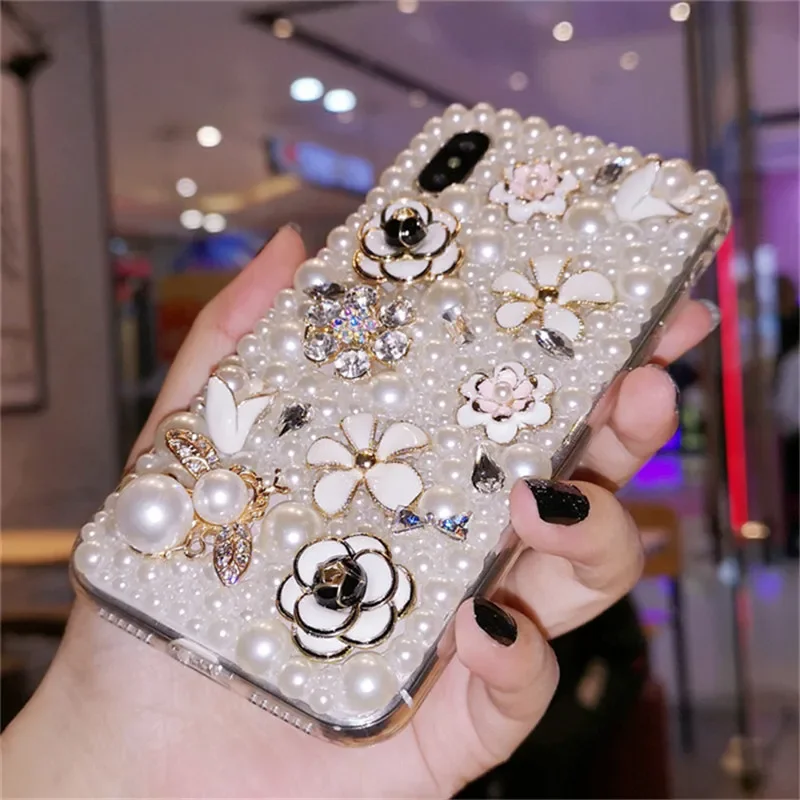 Luxury Bling Diamond Rhinestone Pearl Flower Crystal Case, Phone Case for iPhone 16Pro 15Plus, 14, 13, 12 Mini, 11 Pro Max Cover