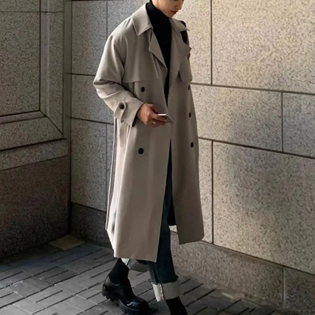 Men Windbreaker Coat Lapel Long Sleeve Double Breasted Trench Coat Loose Fit Autumn Winter Mid-length Outwear