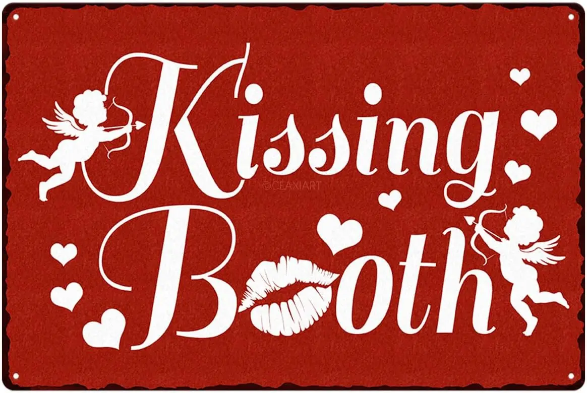 Kissing Booth Tin Sign Love Heart Pattern Metal Signs Valentine's Day Wall Art Decoration Home Farmhouse Bar Kitchen Cafe Li