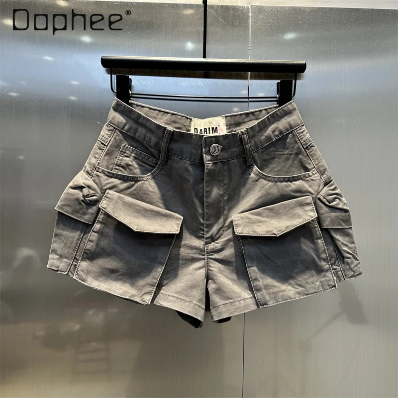 Spicy Girl Denim Cargo Shorts 2024 Summer New Multi Pocket High Waist Wide Leg Jeans Hot Pants Streetwear Casual Black Gray