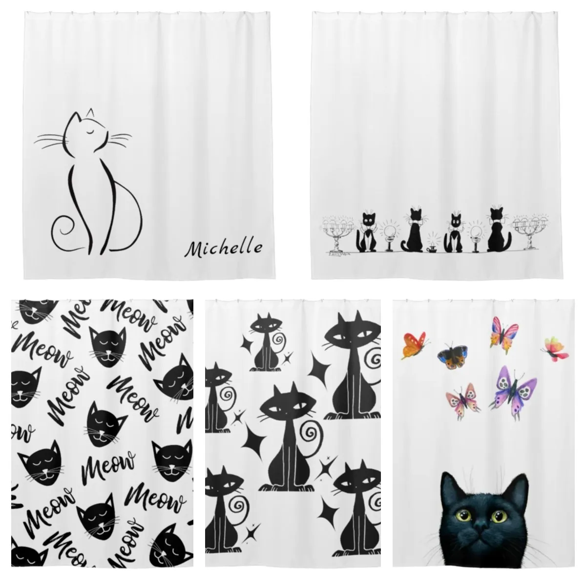 Meow Meow Minimalist Modern Black and White Cat Shower Curtain Bathroom Curtain Hook Bathroom Curtain Home Decor Curtain l220cm