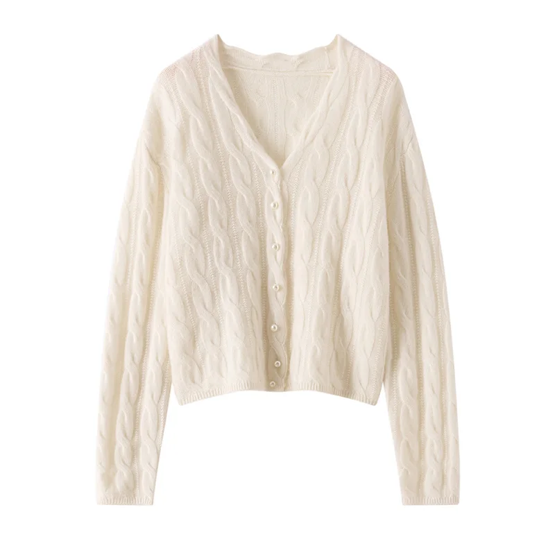 Autumn Winter One Size 7 Needle Pearl Button Women's Cardigan 100% Cashmere Sweater V-Neck Knitted Twist Coat Sweater Base Shirt