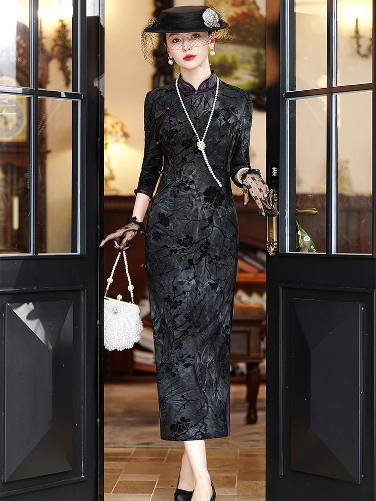 

Ele Bla Long Sve Maxi Dr Vintage Sle Women's Mid-life Mom Fitted Daily Wear Comfortable Traditional C...