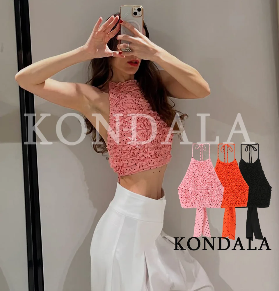 KONDALA Women Vintage Holiday Trendy Halter Top Lace-up Backless Sleeveless Blouse New Fashion 2026 Summer Beach Party Cute Tops