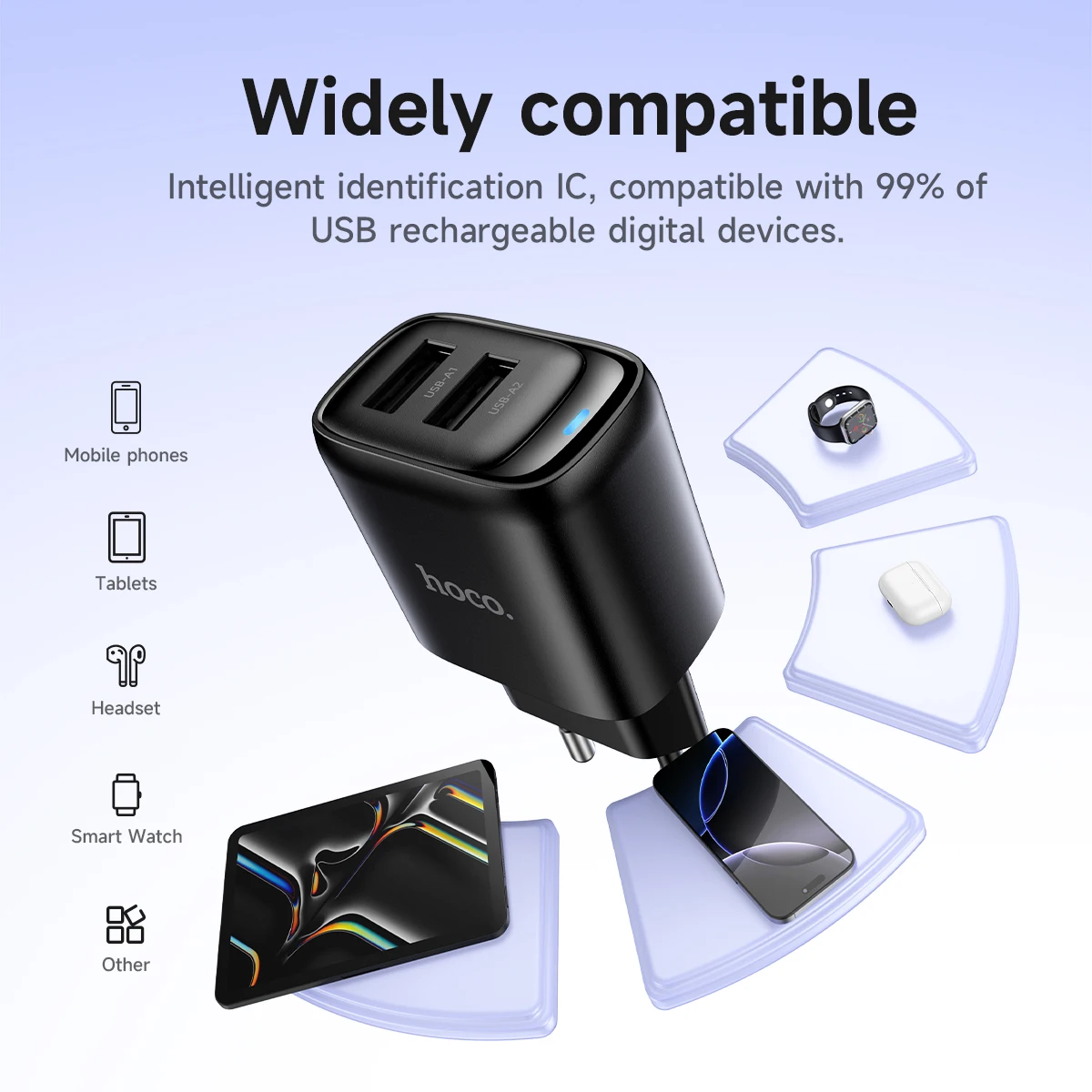 HOCO المزدوج USB A محول شحن الهاتف لسامسونج A51 A71 الاتحاد الأوروبي التوصيل الجدار شاحن السفر مع ضوء مؤشر LED للساعة الذكية #5