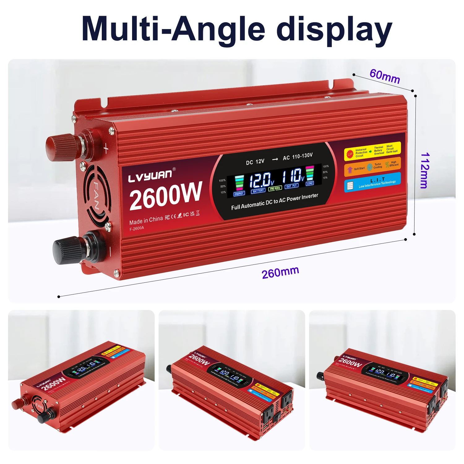 LCD Inverter DC12V AC110V Continuous Power 750W/1000W/1300W US Socket&60Hz Car Inversor