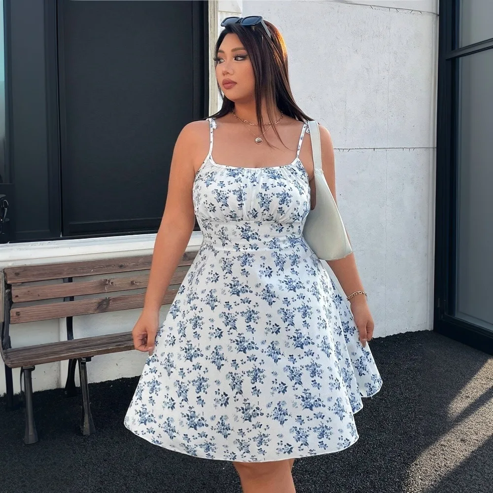 

Large Size Women's 2025 Sexy Suspender Floral Dress Sleeveless High Waisted A-line Temperament Short Skirt Elegantes Casual Y2k