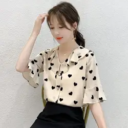 Women Summer Casual Loose Fashion printing Peter pan Collar short sleeve Chiffon Shirts women clothes elegant All-match top tee