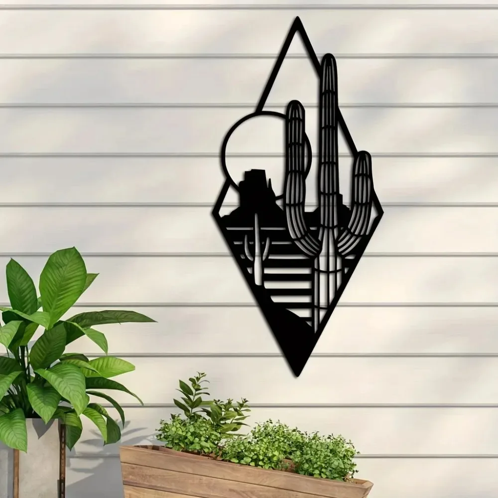 1pc Metal Wall Art Cactus Sunset Decor, Modern Home Apartment Living Room Unique Hanging Sign