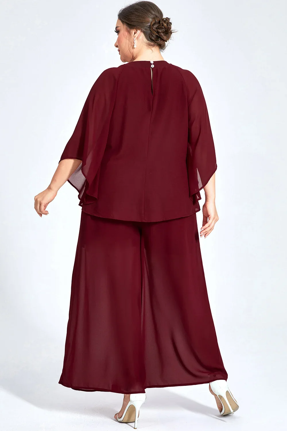 Damski dwuczęściowy garnitur Plus Size Formal Burgundy Chiffon Ruffle Sleeve Cut Out Wide Leg Two Piece Pant Suit Casual Office Lady Matching Sets