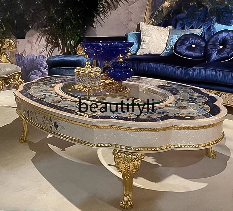 French court colored shell parquet oval tea table luxury solid wood carving flower coffee table household tea table