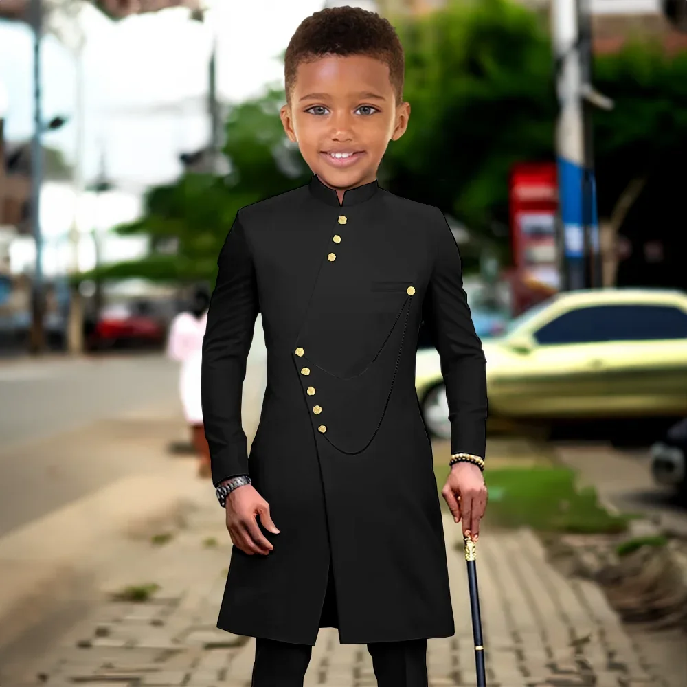 

Black Suit for Boys Wedding Tuxedo Indian Style Stand Collar 2 Pieces Long Jacket Kids Fashion Party Dress Child Clothes