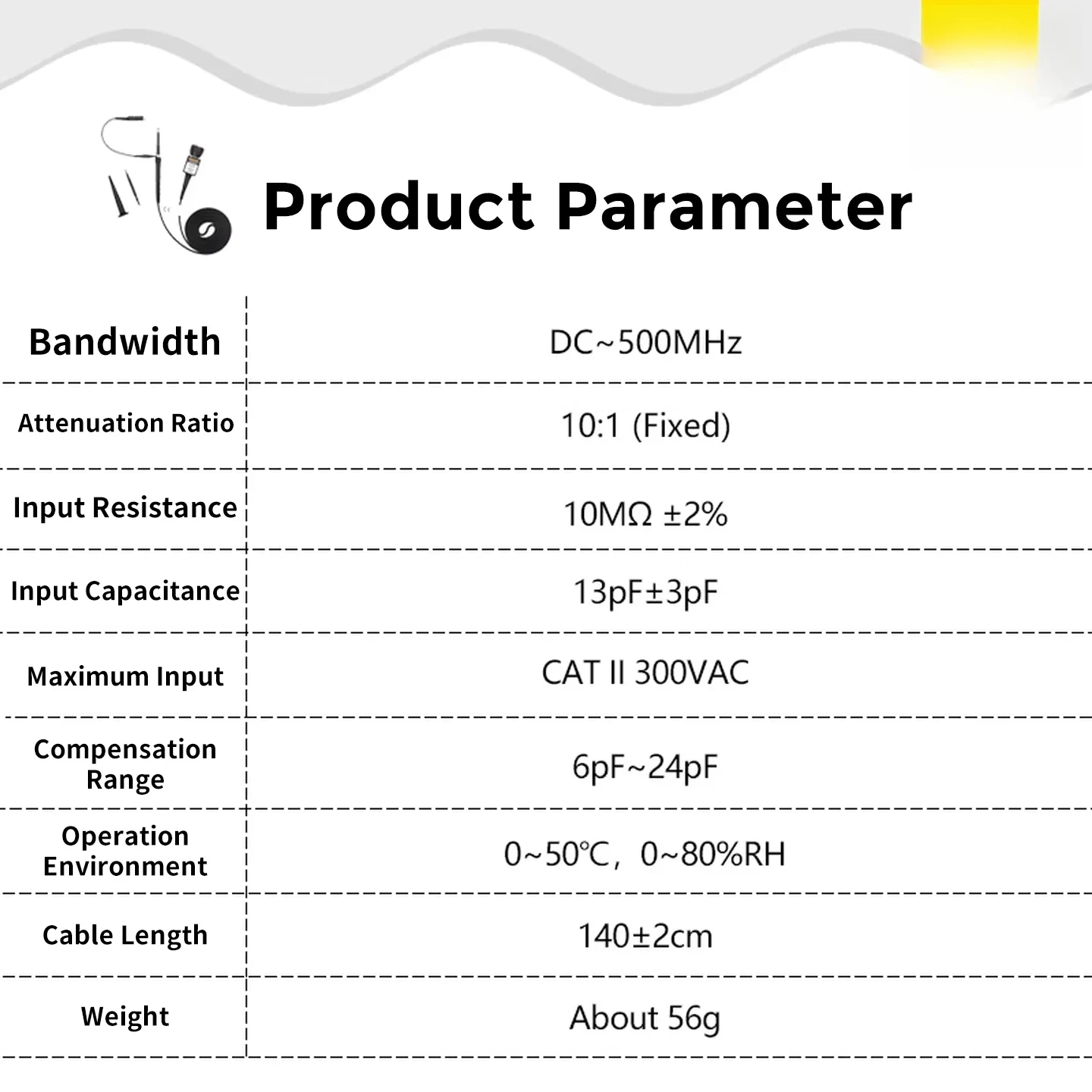 RP3500A Passive Probe 500M Bandwidth 10X Attenuation Ratio 10MΩ Input Resistance Max. Input 300VAC for CAT II