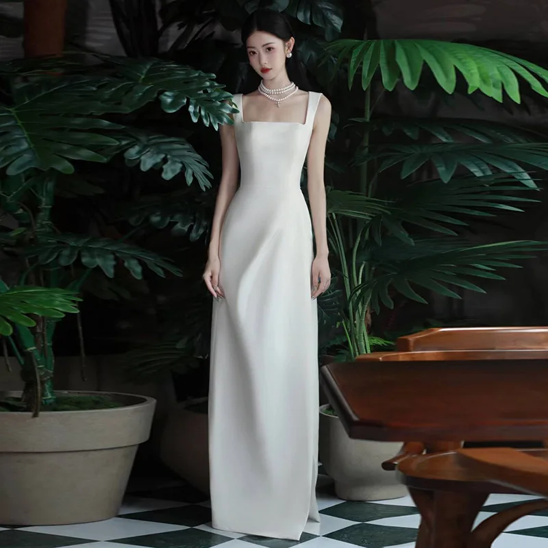 

Ele Satin Wedding Dr Simple Sli Long Skirt A-Line Gown for Outdoor Photoaphy Wedding Ceremony Slimming Effect