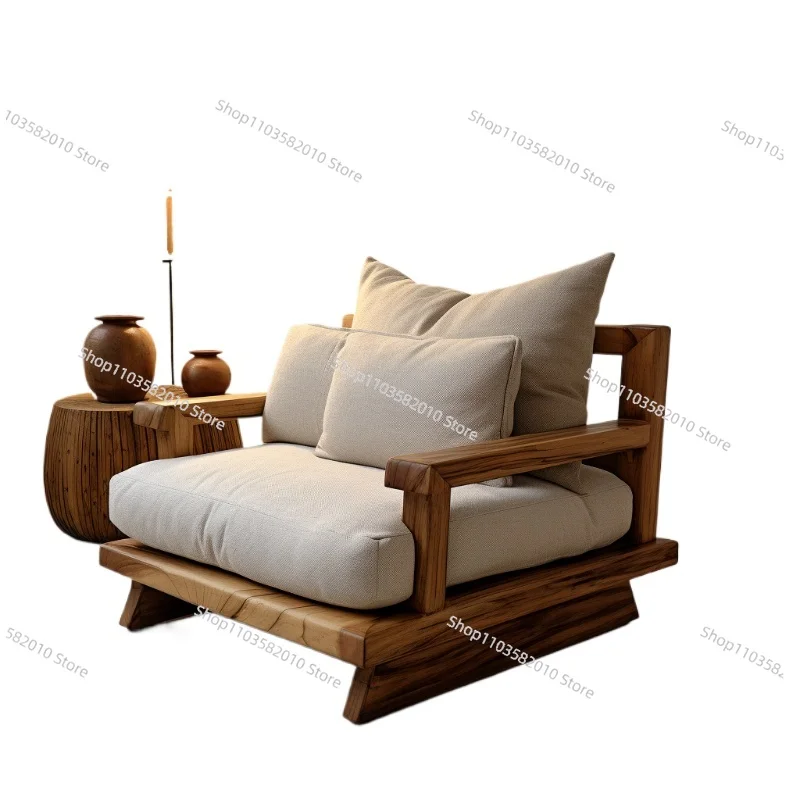 

Modern Log Sofa for Small Spaces - Solid Wood Frame Single Seater, Simple Living Room Armchair